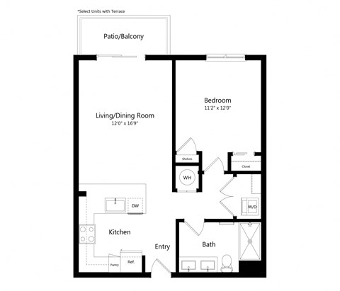 Floor plan for 1 bed, 1 bath, 706 sqft